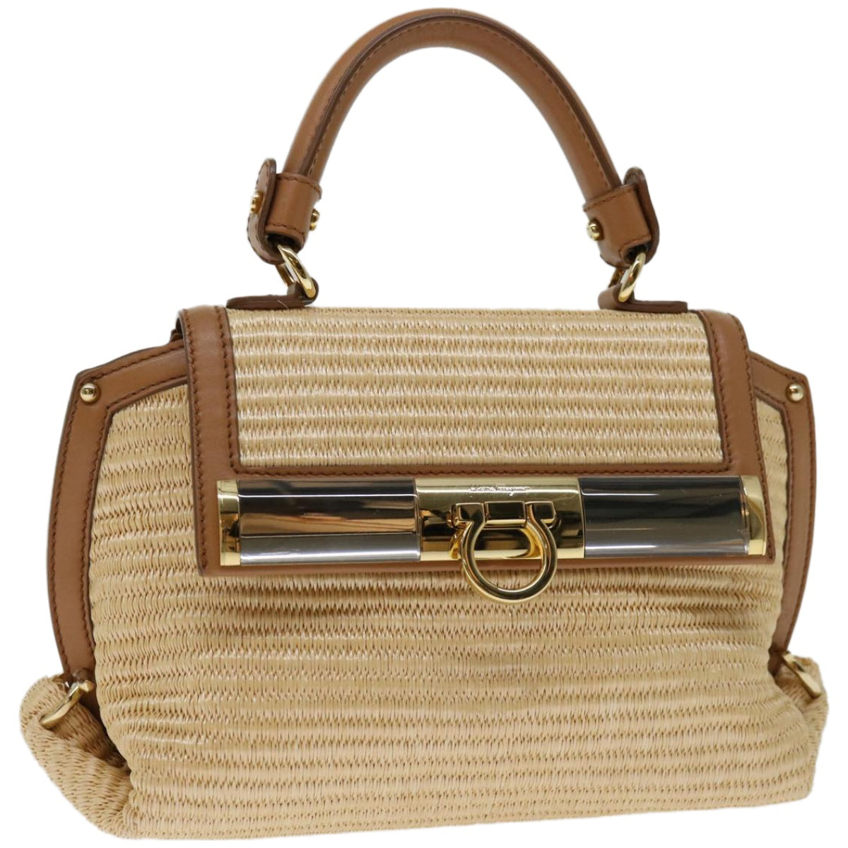 Salvatore Ferragamo Sofia Gancini Hand Bag Straw 2way Beige Auth 67016A