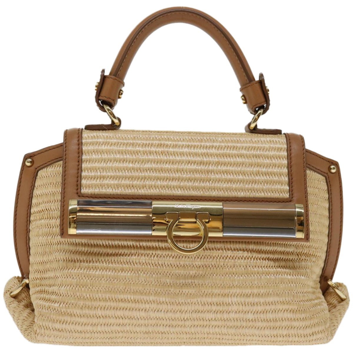 Salvatore Ferragamo Sofia Gancini Hand Bag Straw 2way Beige Auth 67016A