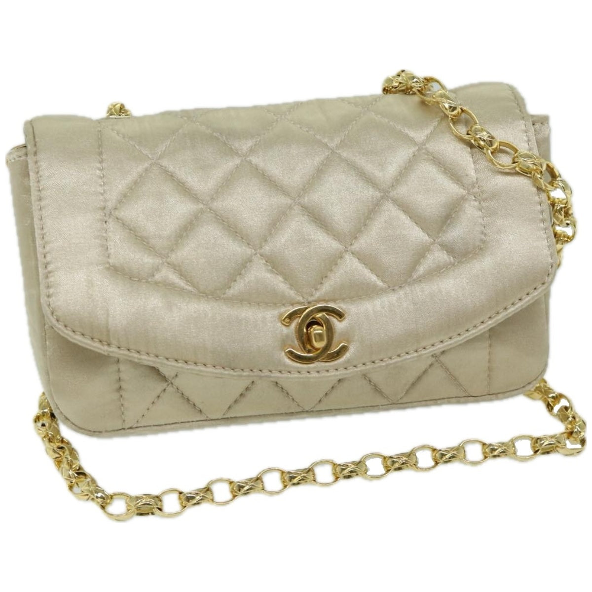 CHANEL Matelasse Chain Shoulder Bag Satin Gold CC Auth 67057A