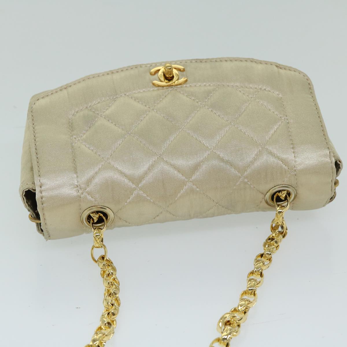 CHANEL Matelasse Chain Shoulder Bag Satin Gold CC Auth 67057A