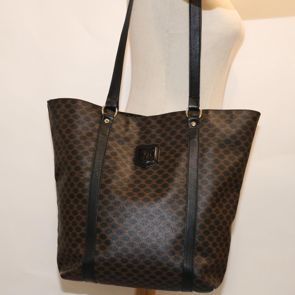 CELINE Macadam Canvas Tote Bag PVC Leather Black Auth 67059