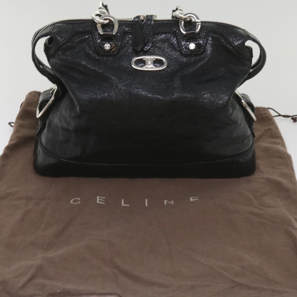 CELINE Hand Bag Leather Black Auth 67072