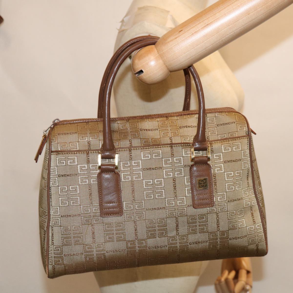 GIVENCHY Hand Bag Canvas Beige Auth 67114