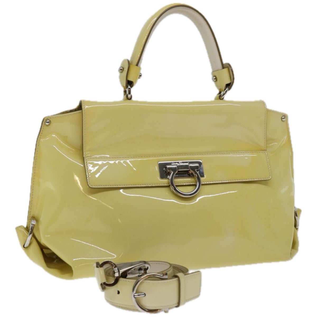 Salvatore Ferragamo Sofia Gancini Hand Bag Patent leather 2way Yellow Auth 67154