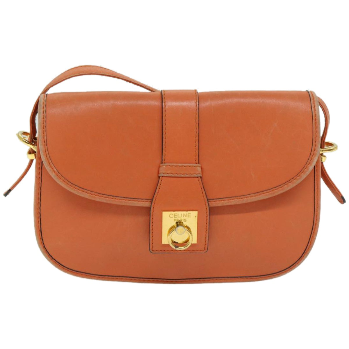 CELINE Shoulder Bag Leather Orange Auth 67182