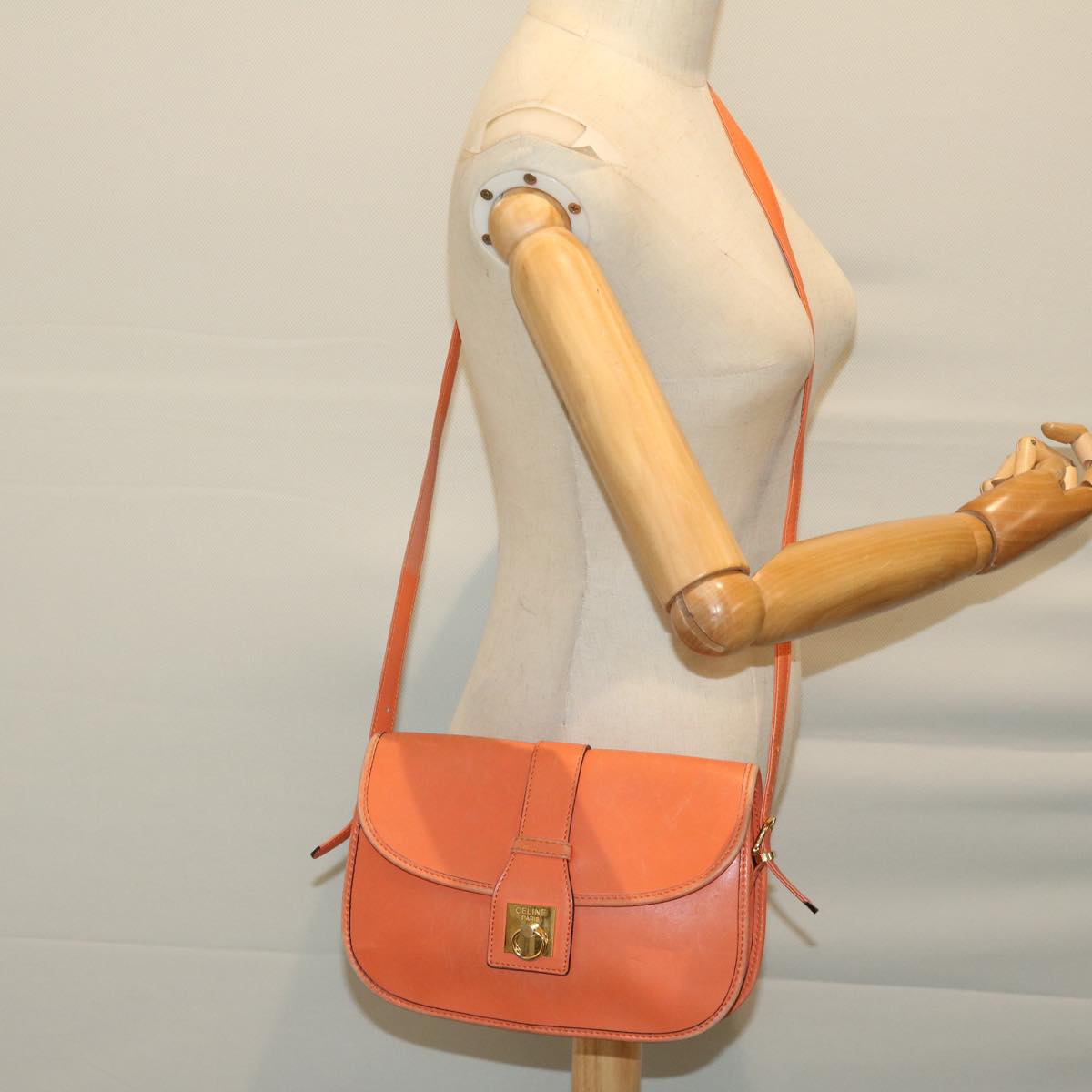 CELINE Shoulder Bag Leather Orange Auth 67182