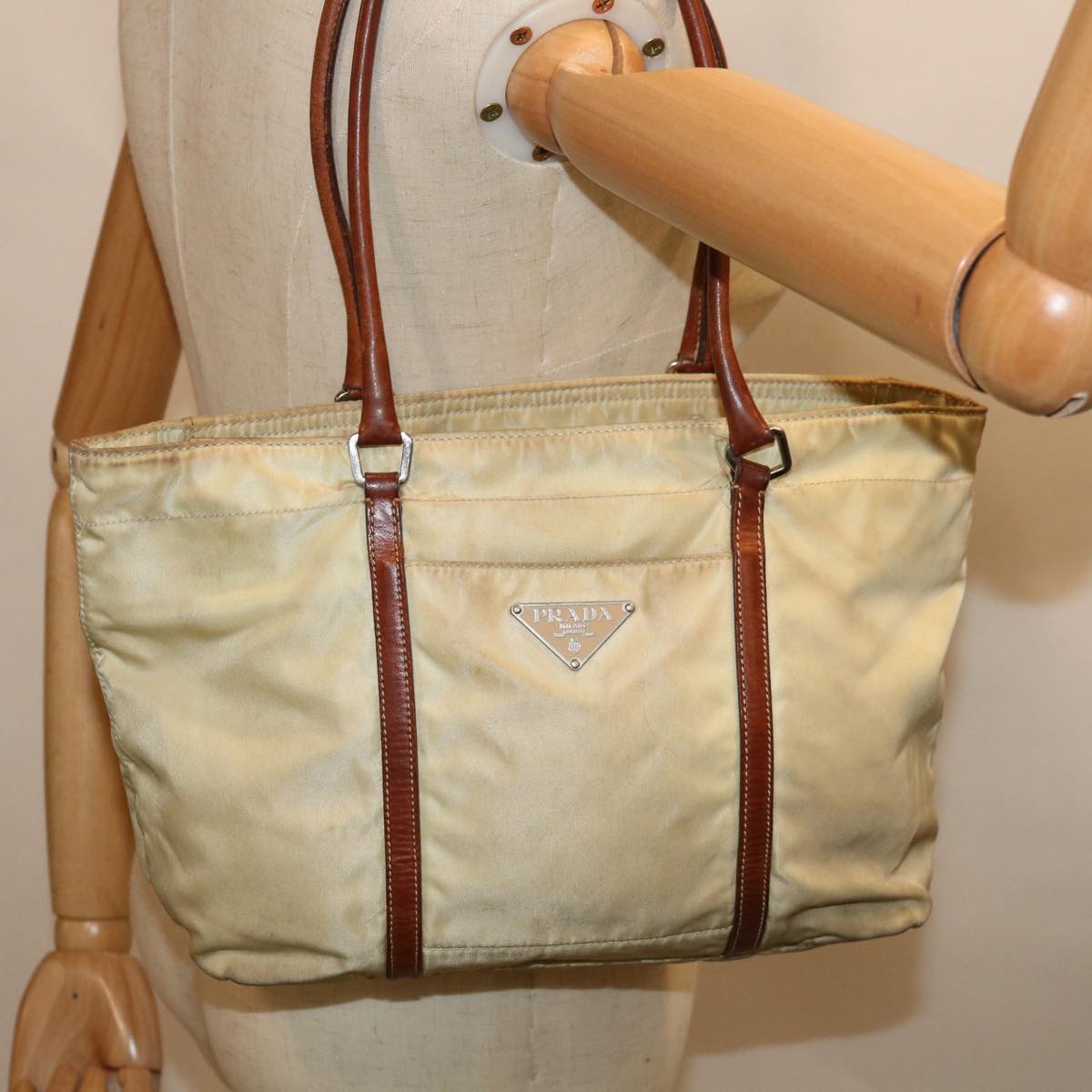 PRADA Hand Bag Nylon Beige Auth 67215