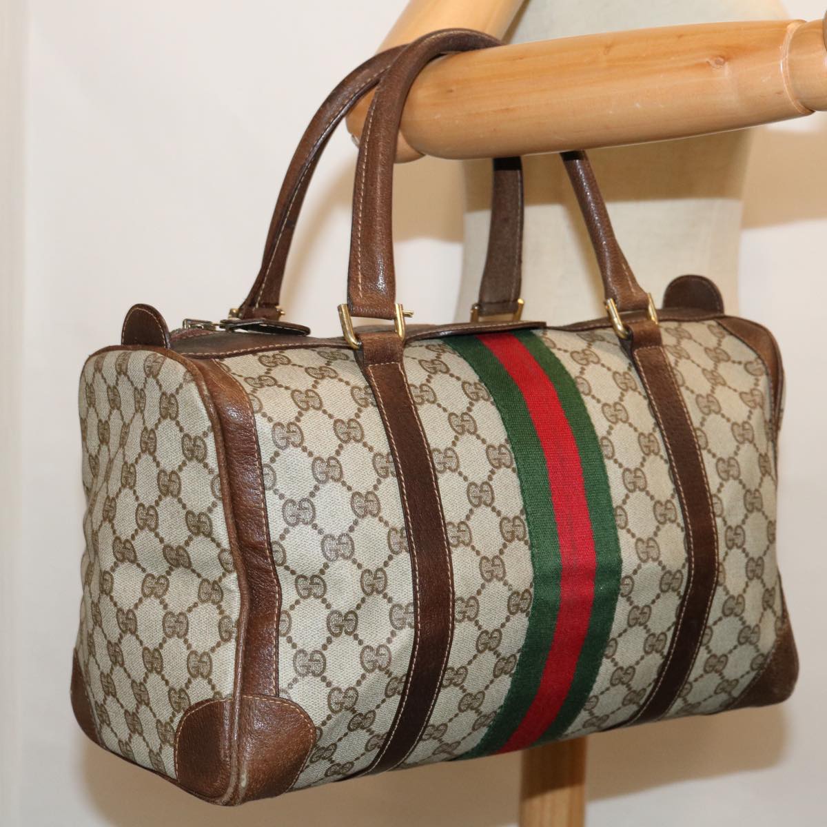 GUCCI GG Supreme Web Sherry Line Hand Bag PVC Beige Red Green Auth 67336