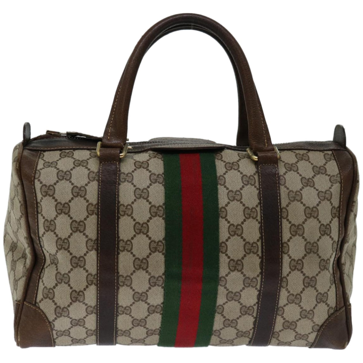 GUCCI GG Supreme Web Sherry Line Hand Bag PVC Beige Red Green Auth 67336