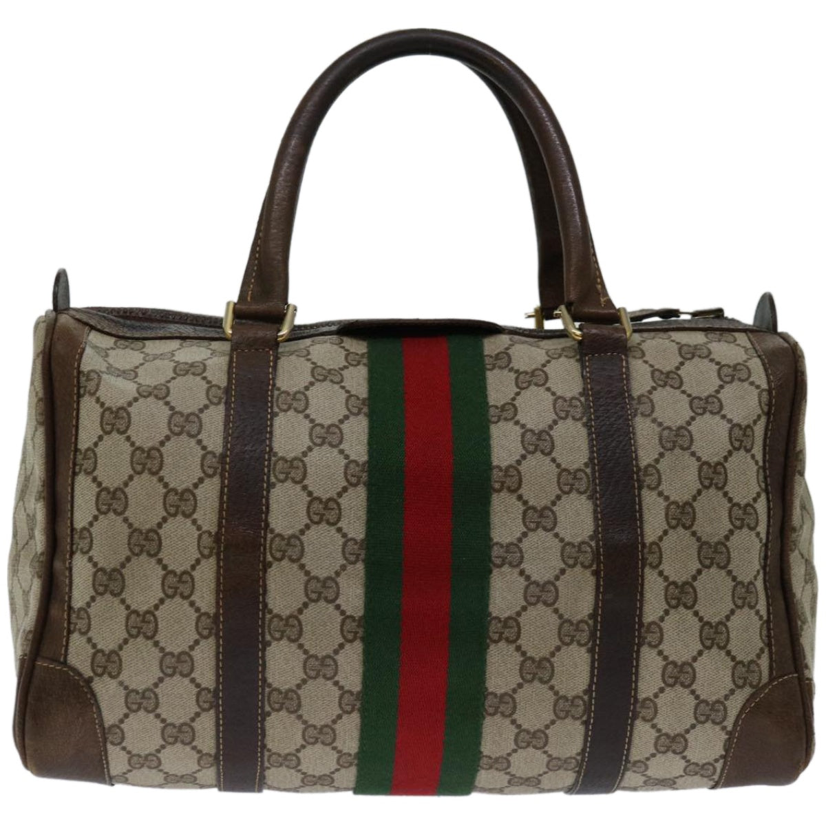 GUCCI GG Supreme Web Sherry Line Hand Bag PVC Beige Red Green Auth 67336