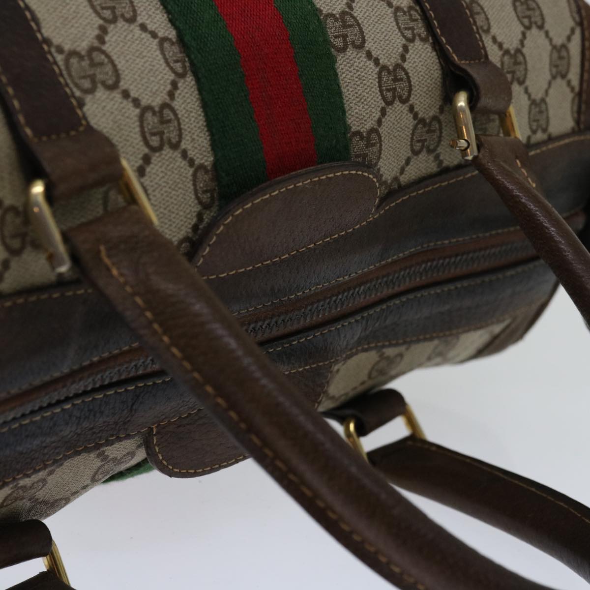 GUCCI GG Supreme Web Sherry Line Hand Bag PVC Beige Red Green Auth 67336