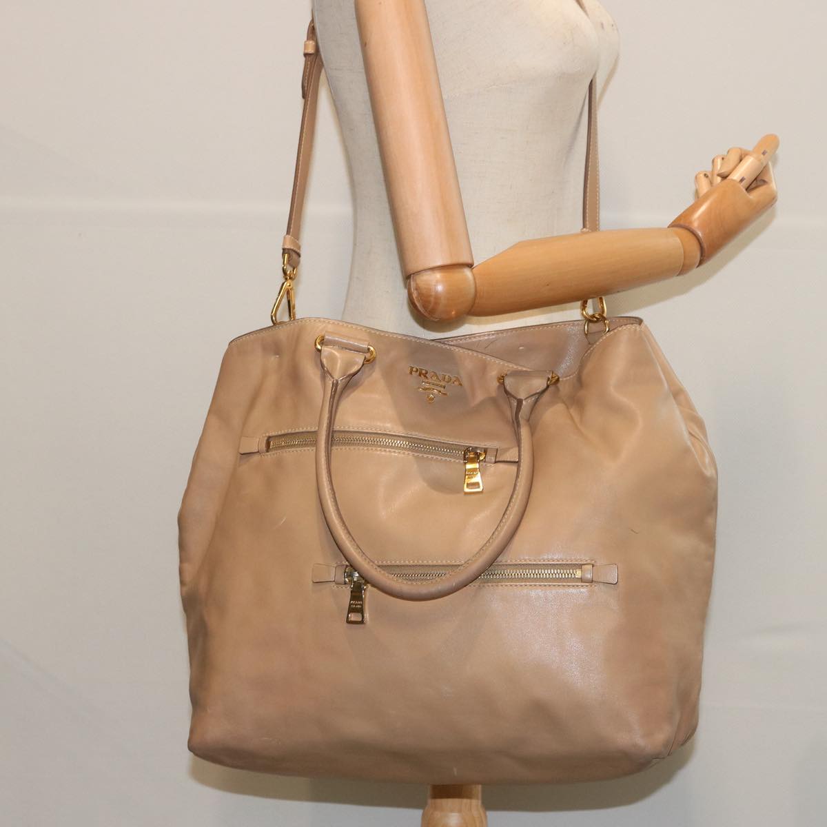 PRADA Tote Bag Leather 2way Beige Auth 67339