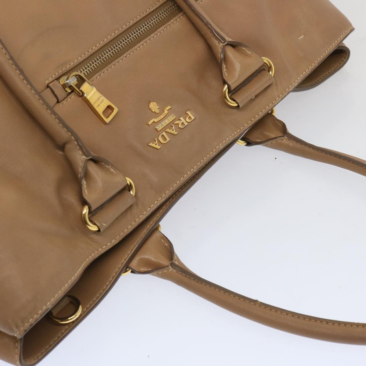 PRADA Tote Bag Leather 2way Beige Auth 67339