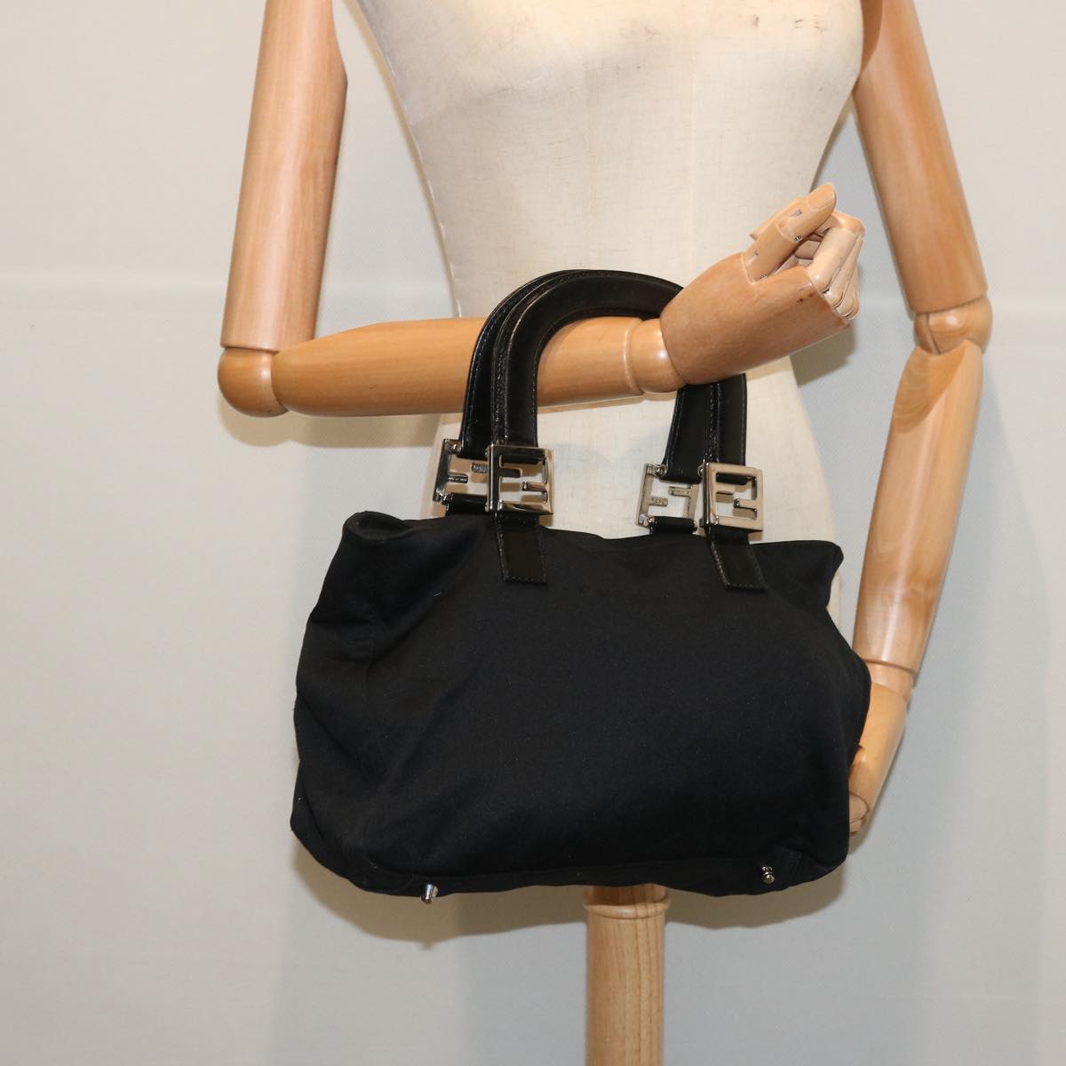 FENDI Hand Bag Nylon Black Auth 67349