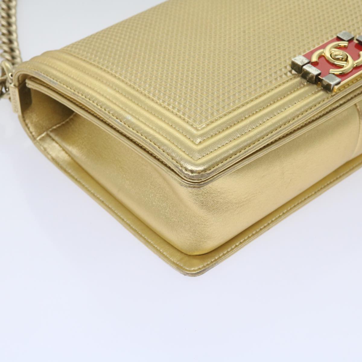 CHANEL Boy Chanel Chain Shoulder Bag Leather Gold CC Auth 67371A