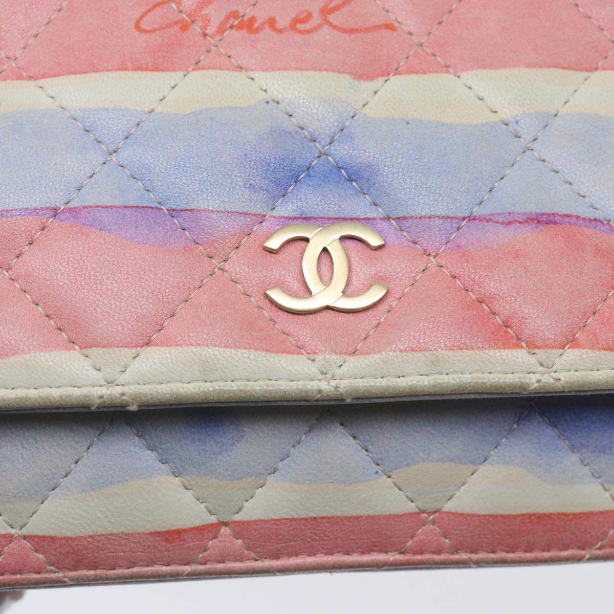 CHANEL Chain Shoulder Bag Leather Blue Red CC Auth 67372A