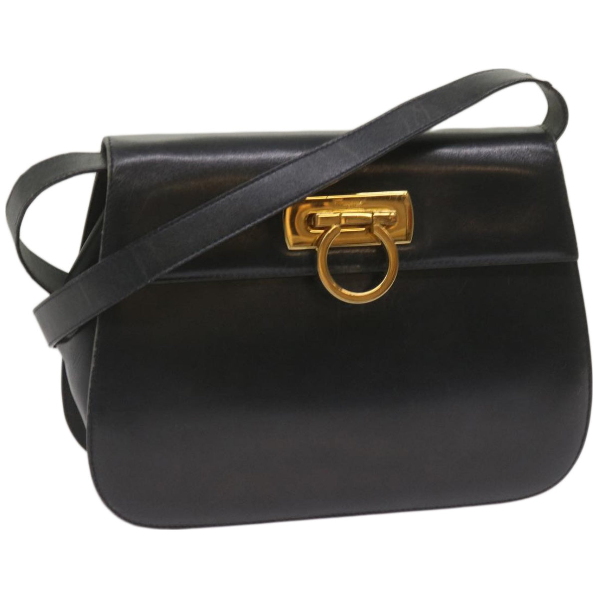 Salvatore Ferragamo Gancini Shoulder Bag Leather Black Auth 67390