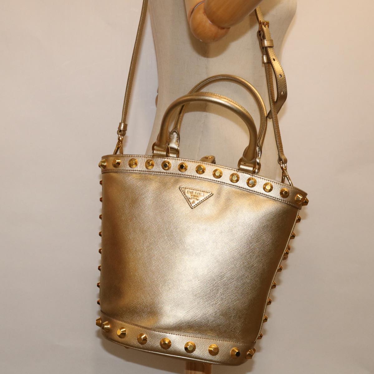 PRADA Hand Bag Safiano leather 2way Gold Auth 67465A