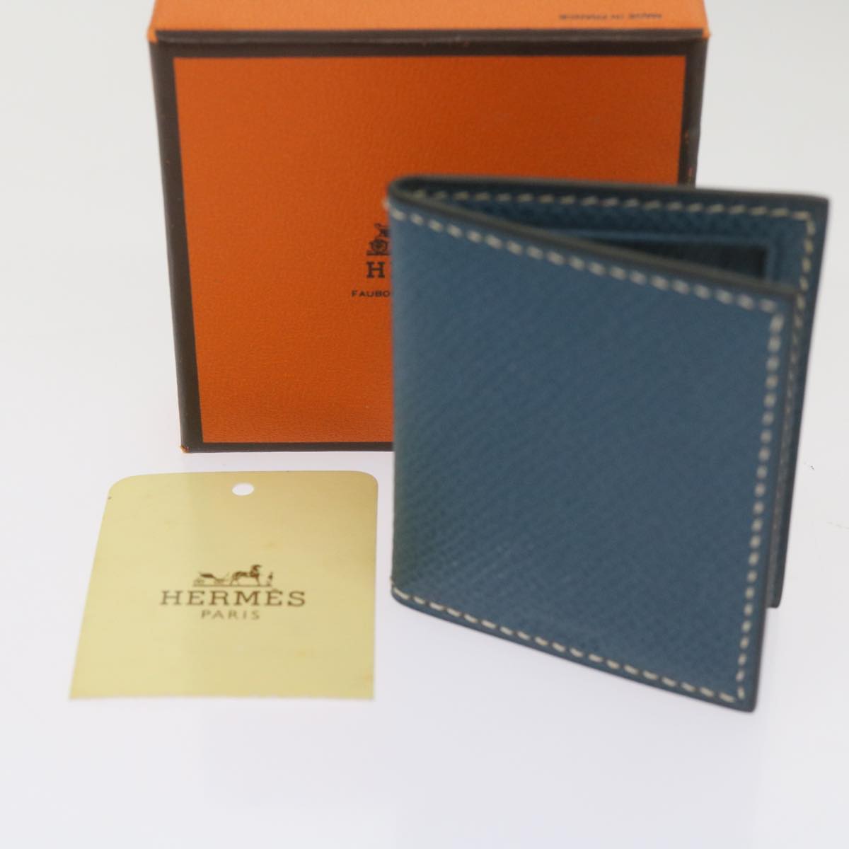 HERMES Mini Photo Case Photo Frame Leather Blue Talasa Auth 67515