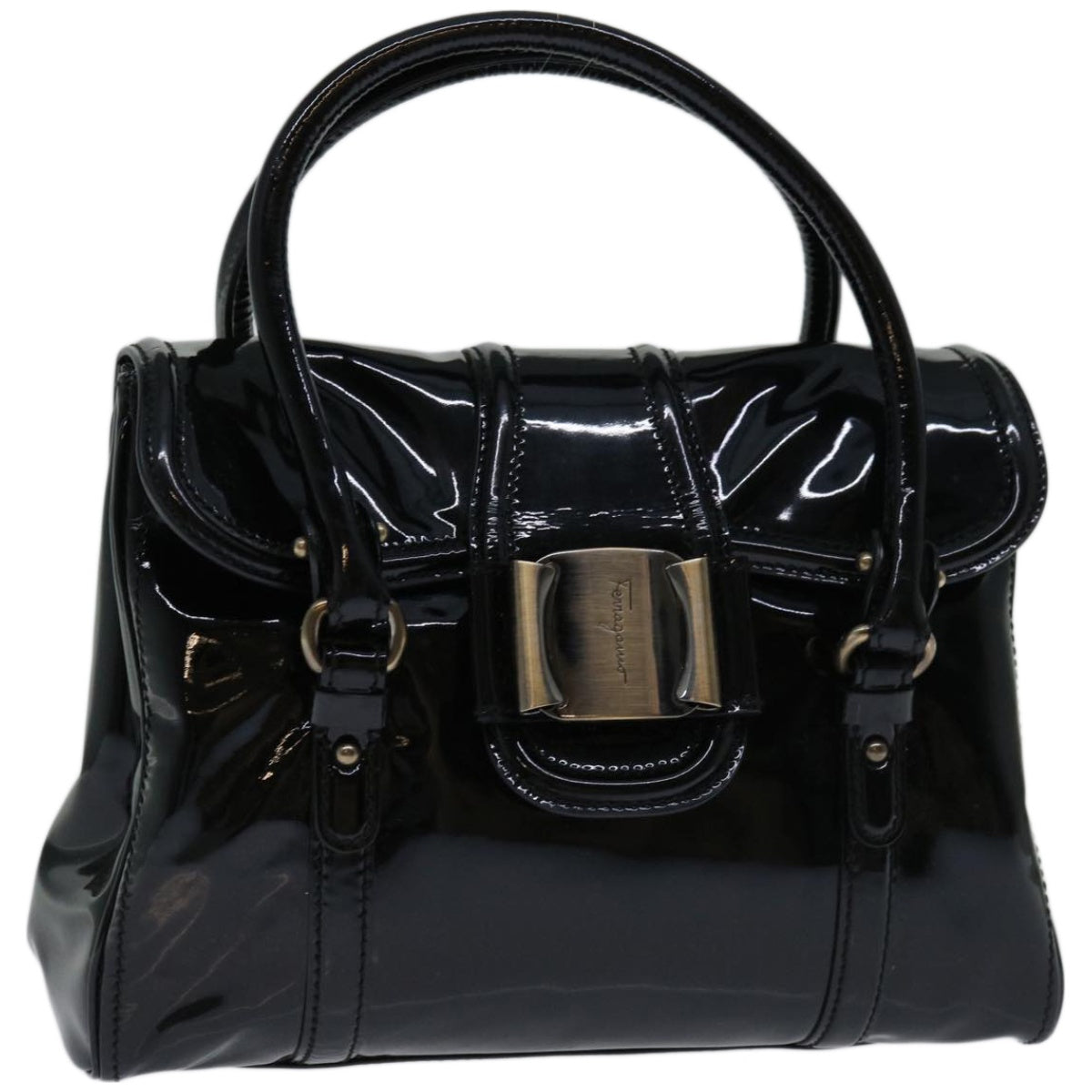 Salvatore Ferragamo Shoulder Bag Enamel Black Auth 67534