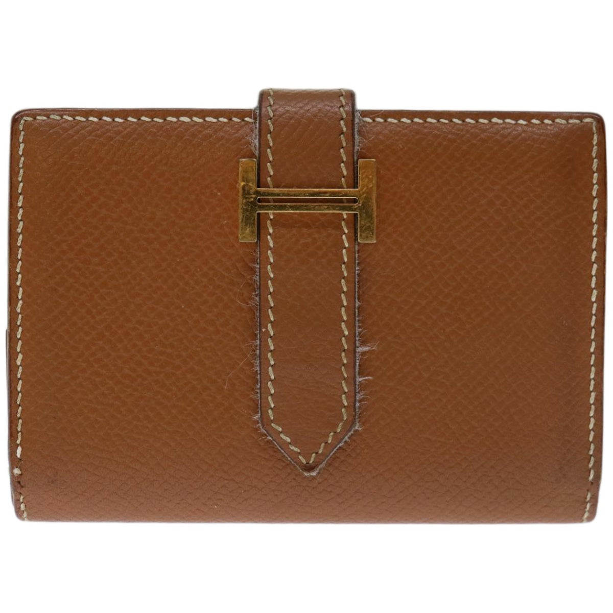 HERMES Bearn Card Case Leather Brown Auth 67553