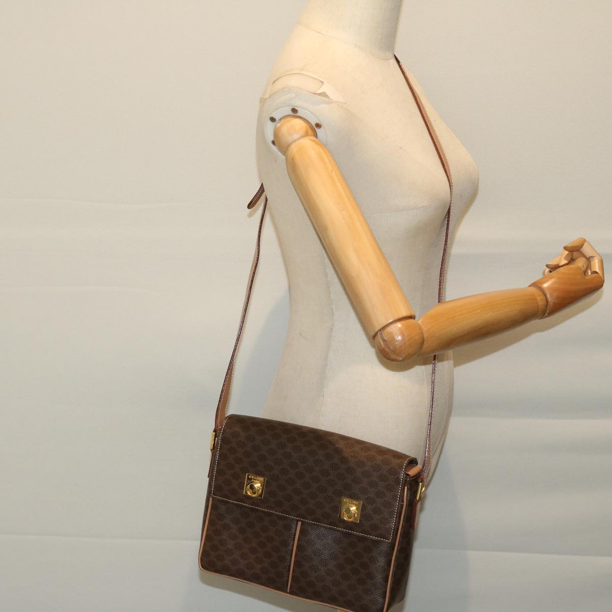 CELINE Macadam Canvas Shoulder Bag PVC Leather Brown Auth 67580