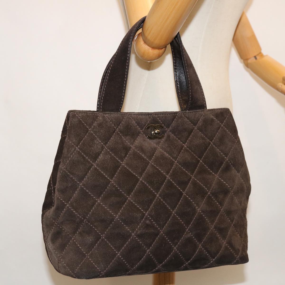 CHANEL Hand Bag Suede Brown CC Auth 67595