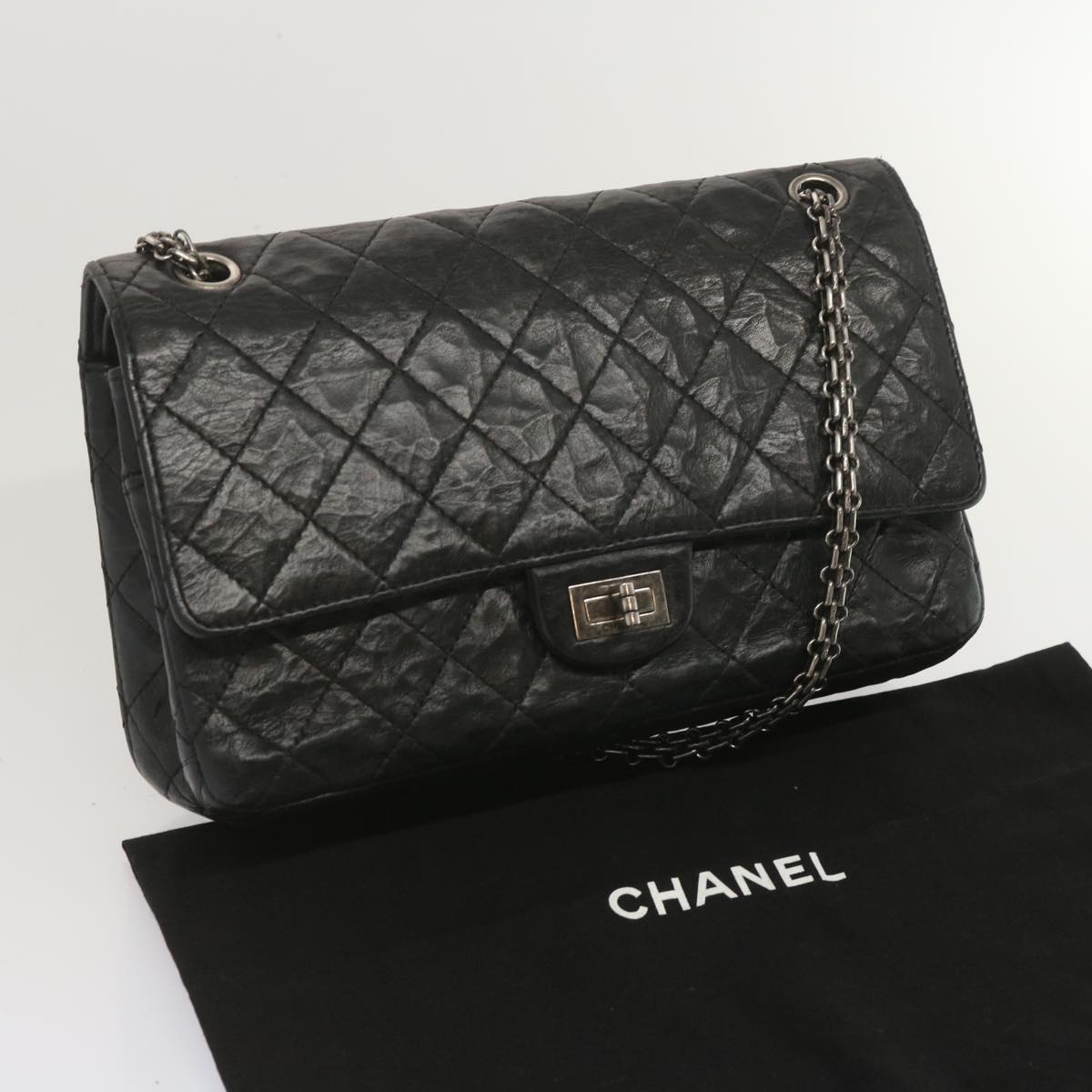 CHANEL 2.55 Matelasse Chain Bag Aged Calfskin Black A37586 CC Auth 67618A