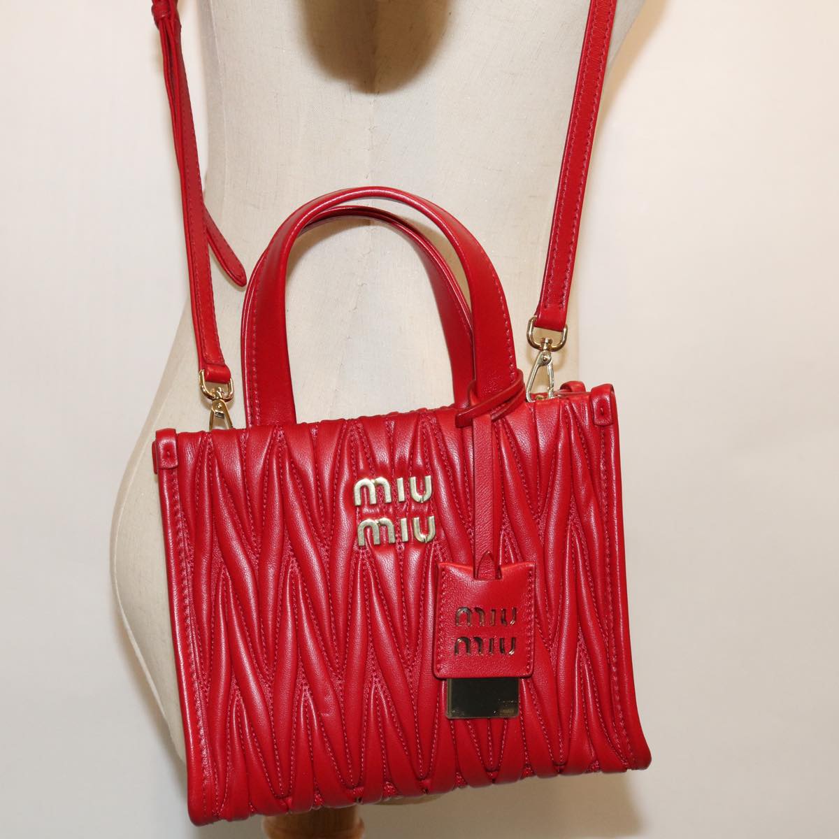 Miu Miu Materasse Hand Bag Leather 2way Red 5BA277 Auth 67619S