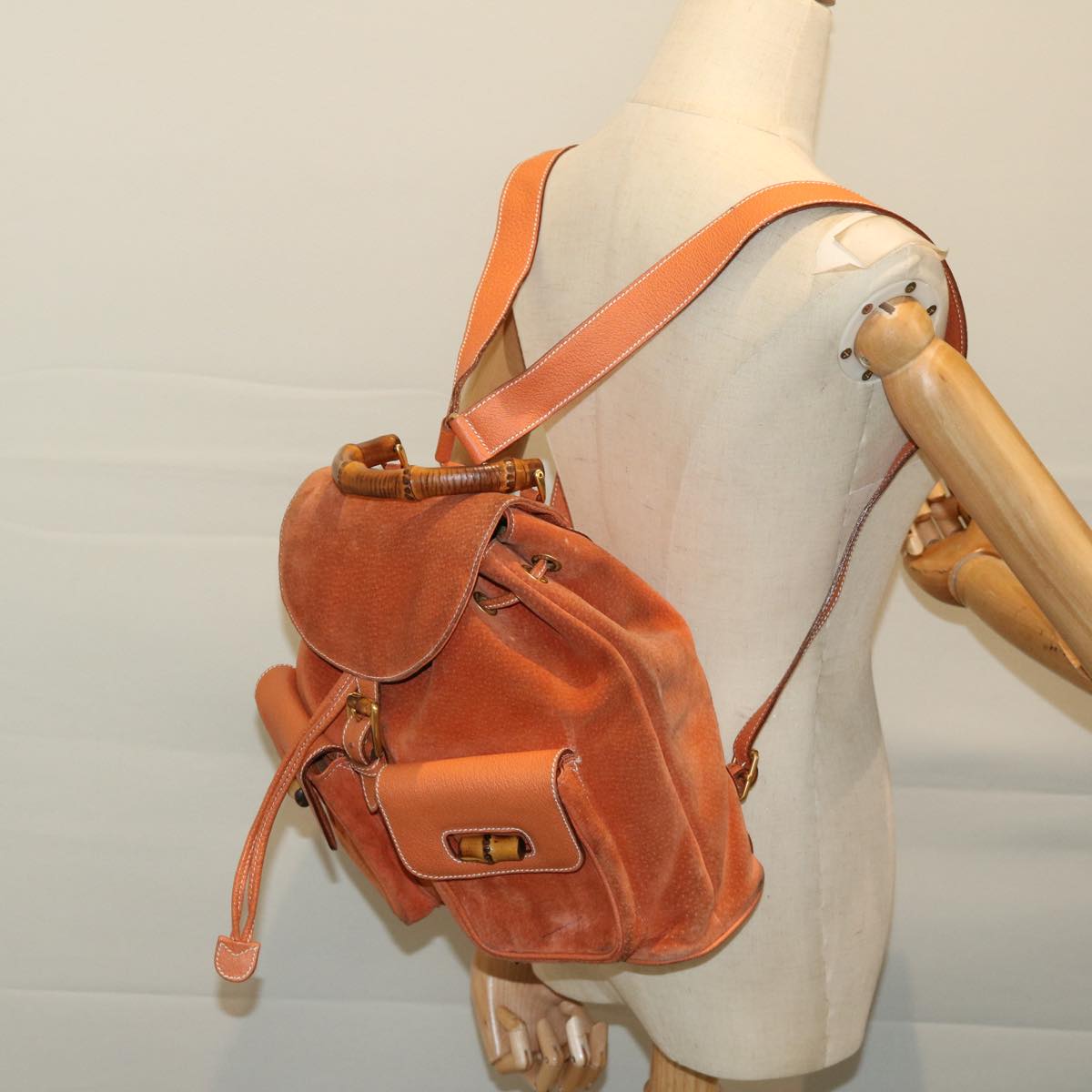 GUCCI Bamboo Backpack Suede Leather Orange 003 2058 0016 Auth 67685