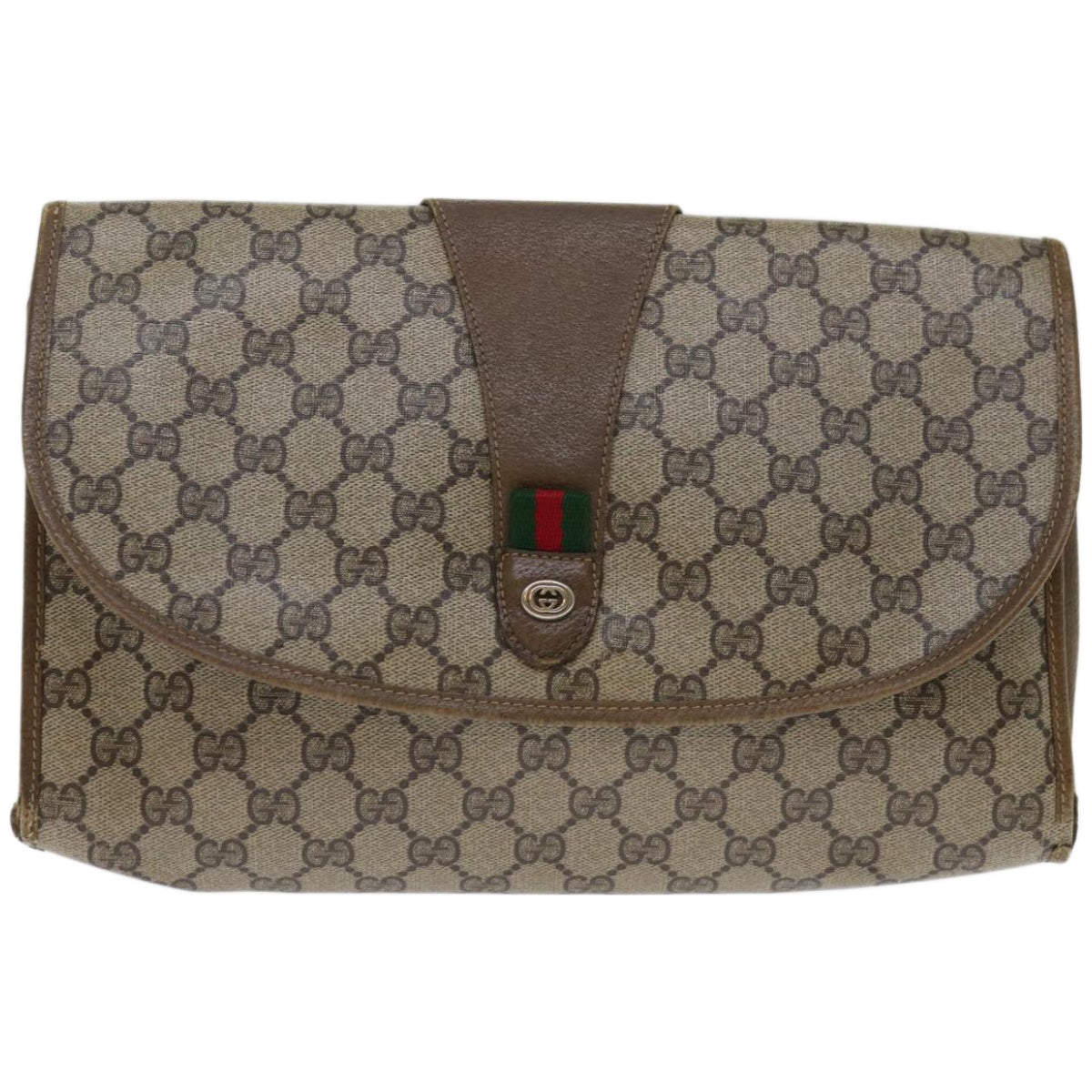 GUCCI GG Supreme Web Sherry Line Clutch Bag PVC Beige Red 89 01 031 Auth 67735