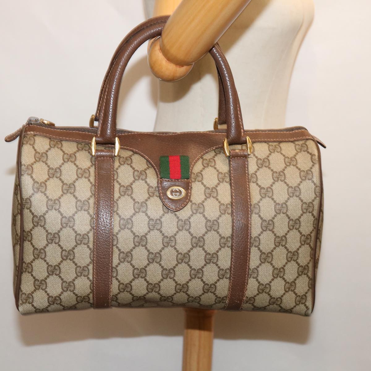 GUCCI GG Supreme Web Sherry Line Hand Bag PVC Beige Red 40 02 007 Auth 67806