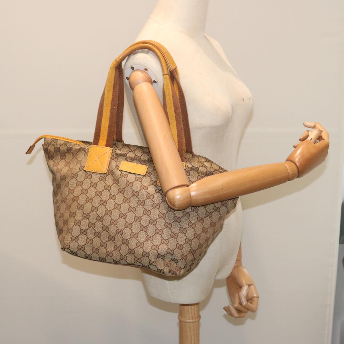 GUCCI GG Canvas Sherry Line Tote Bag Yellow Beige Brown 131230 Auth 67818