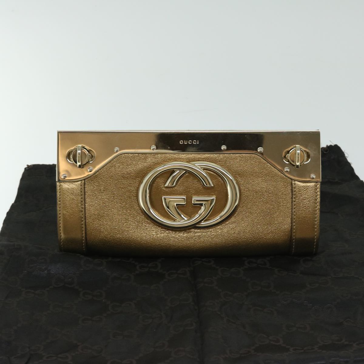 GUCCI Interlocking Clutch Bag Leather Gold Auth 67882A