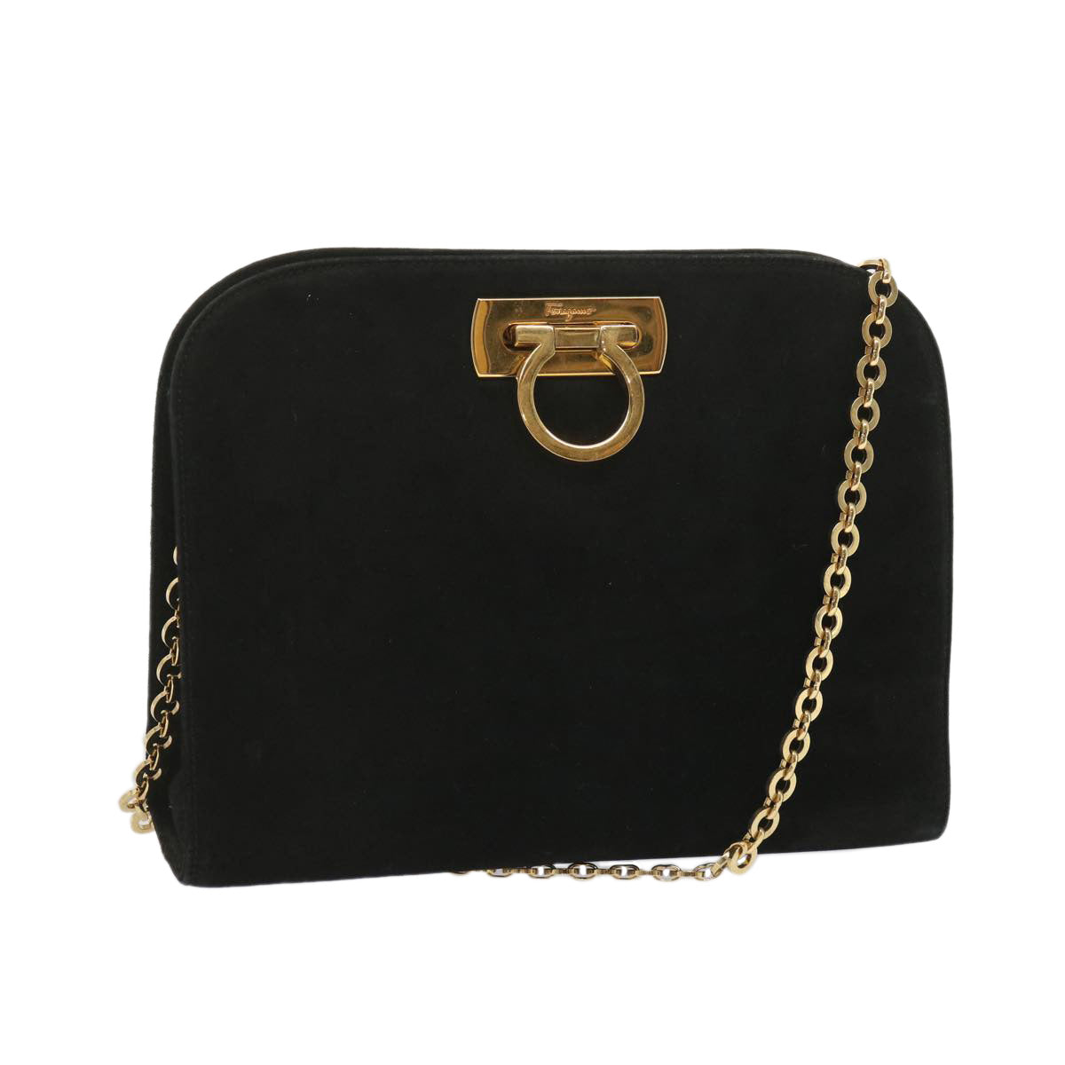 Salvatore Ferragamo Gancini Chain Shoulder Bag Suede Black Auth 67912