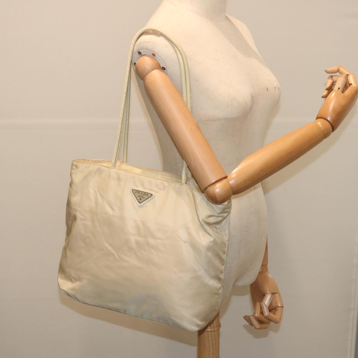 PRADA Tote Bag Nylon Cream Auth 67975