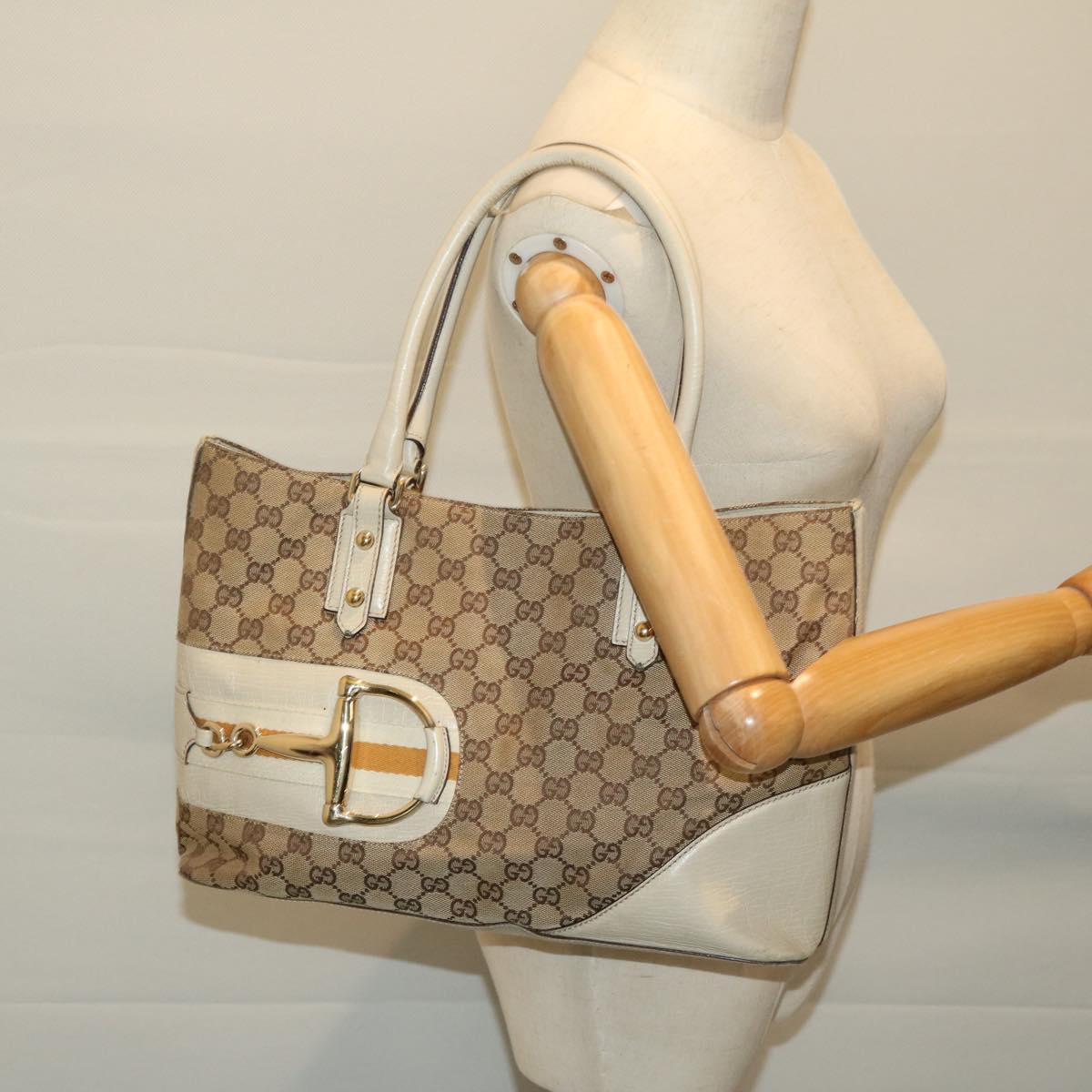 GUCCI GG Canvas Sherry Line Tote Bag Yellow Beige white 137385 Auth 68043