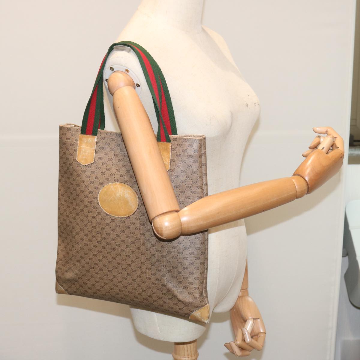 GUCCI Micro GG Supreme Web Sherry Line Tote Bag Beige 02 37 1300 Auth 68047