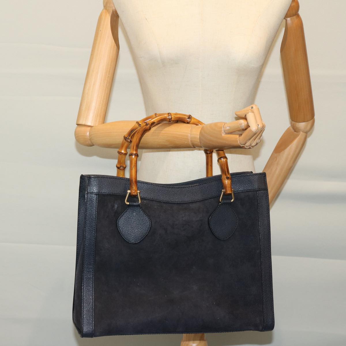 GUCCI Bamboo Hand Bag Suede Navy 002 123 0260 Auth 68127