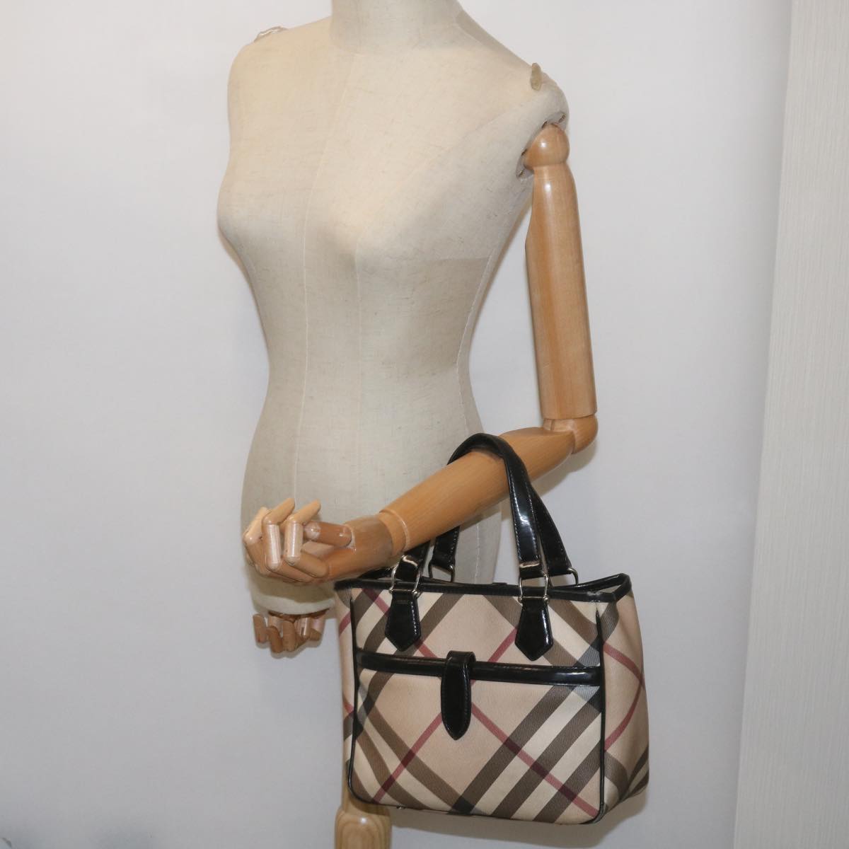 BURBERRY Nova Check Hand Bag PVC Beige Auth 68142