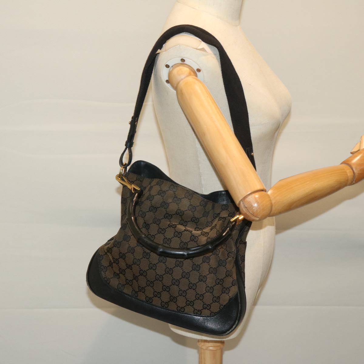 GUCCI GG Canvas Bamboo Hand Bag 2way Black Auth 68143