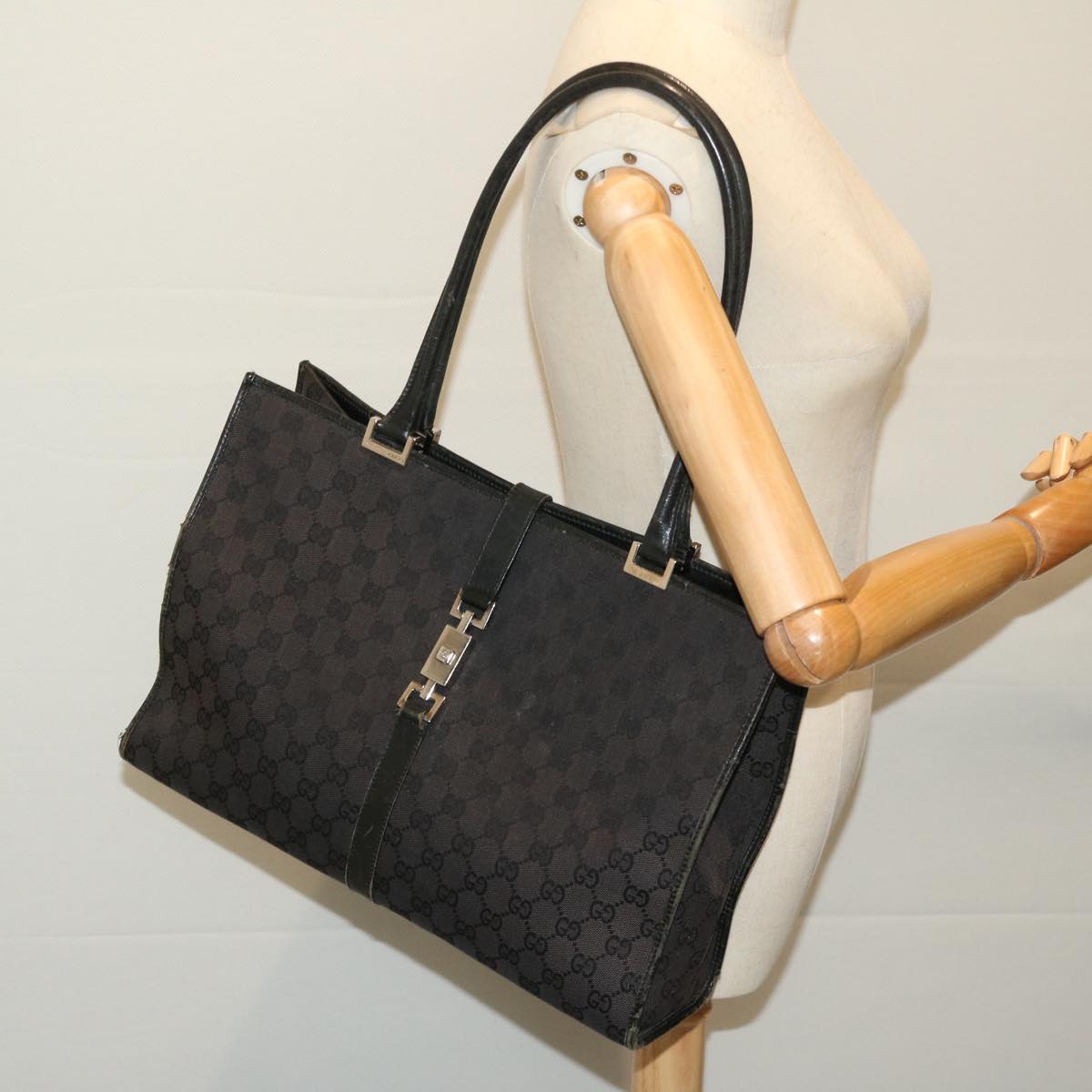 GUCCI GG Canvas Jackie Tote Bag Black Auth 68164