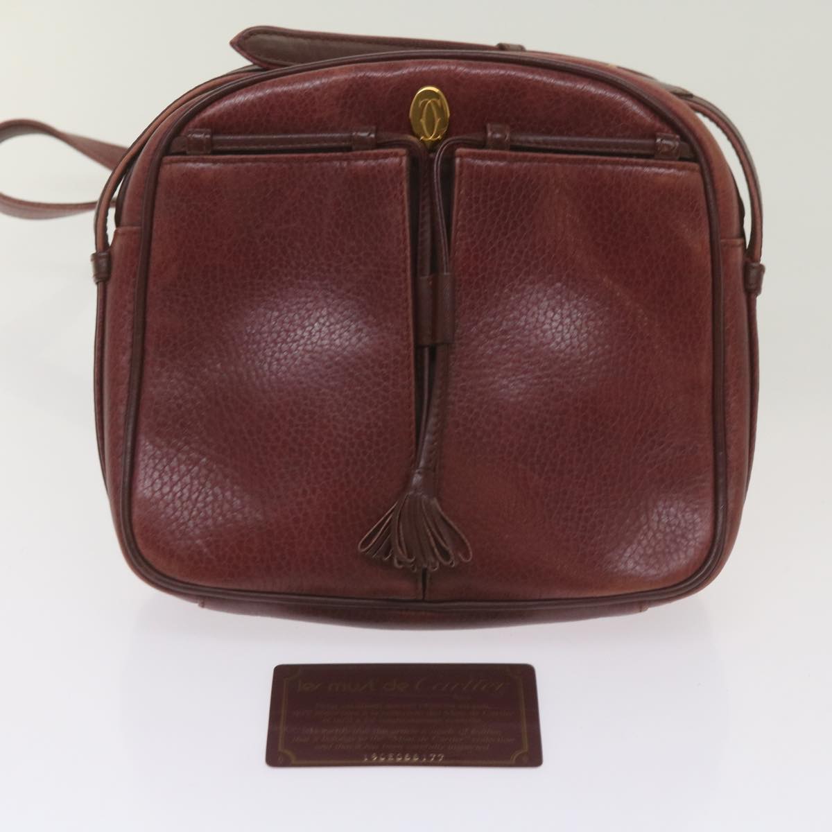 CARTIER Shoulder Bag Leather Wine Red Auth 68174