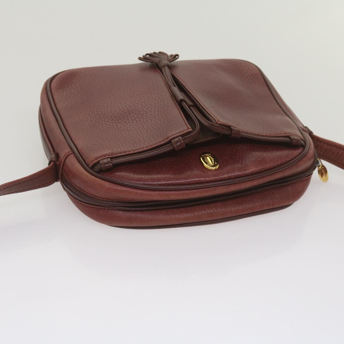 CARTIER Shoulder Bag Leather Wine Red Auth 68174