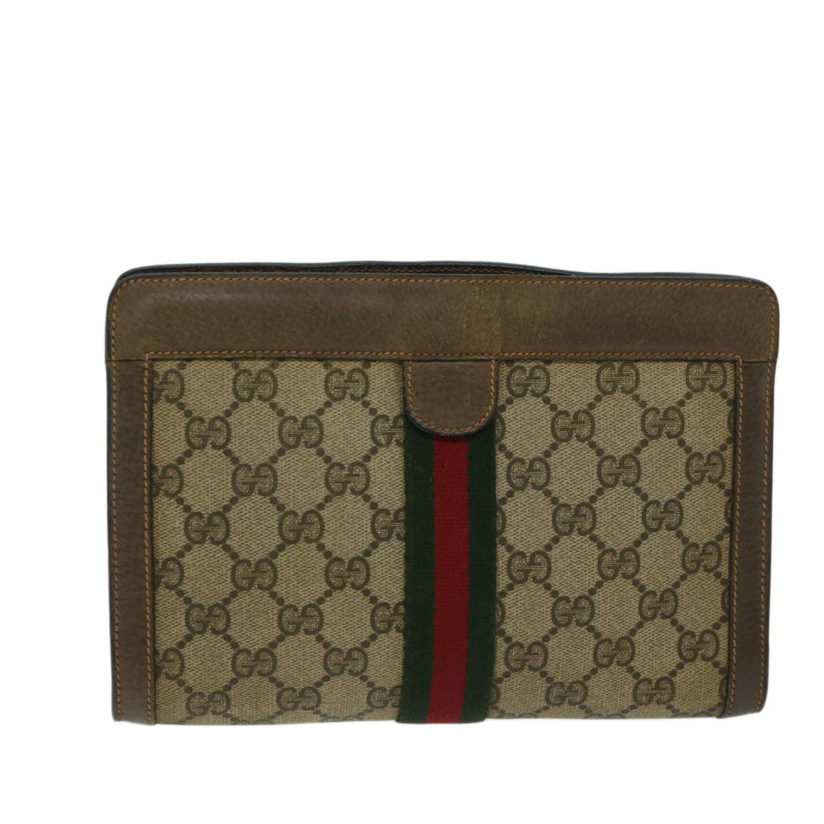 GUCCI GG Canvas Web Sherry Line Clutch Bag PVC Beige Green Red Auth 68200