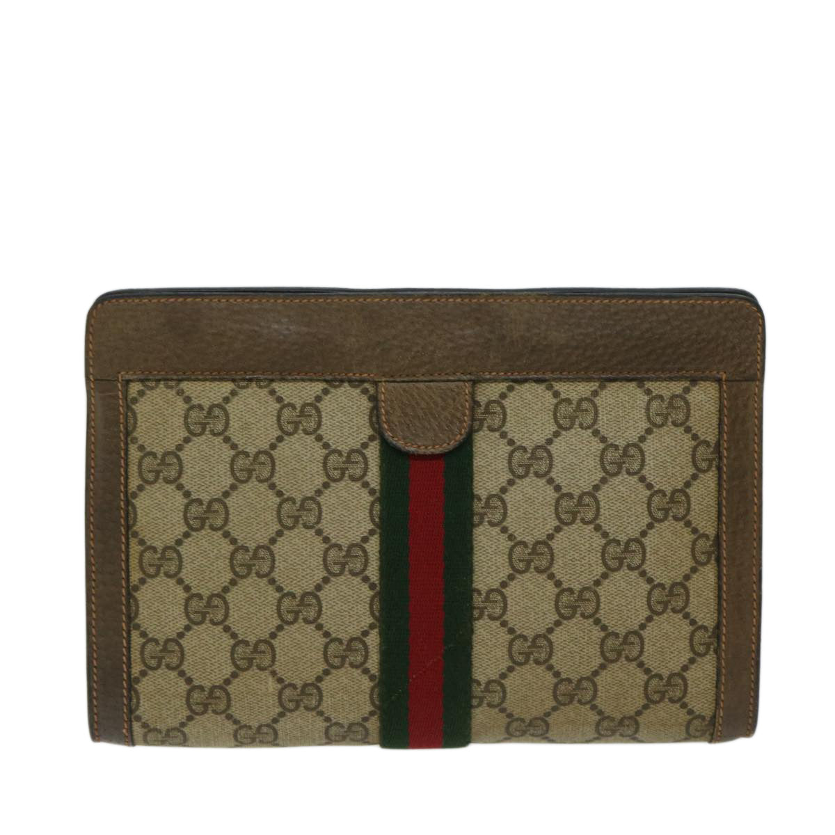 GUCCI GG Canvas Web Sherry Line Clutch Bag PVC Beige Green Red Auth 68200