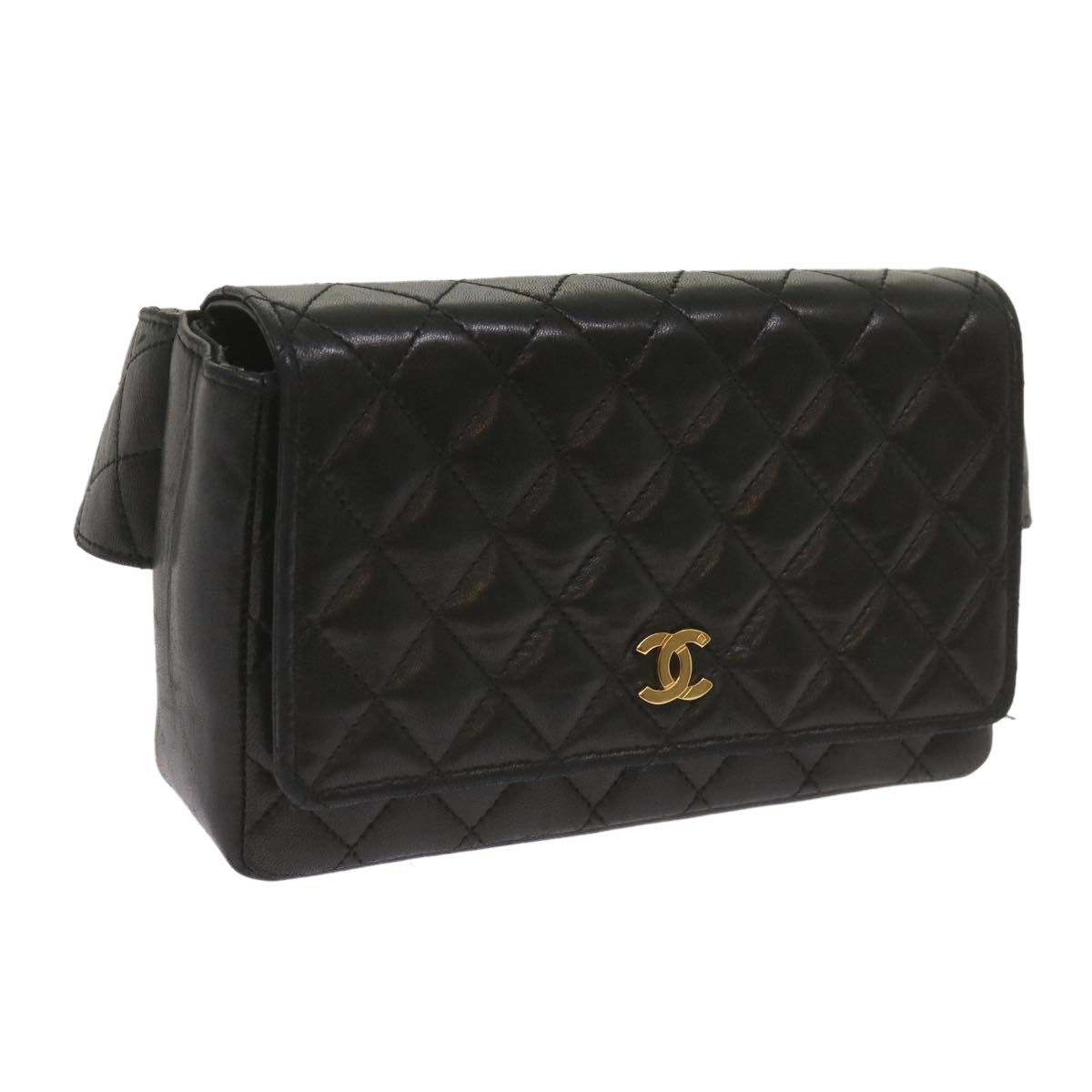 CHANEL Matelasse Waist bag Lamb Skin Black CC Auth 68224