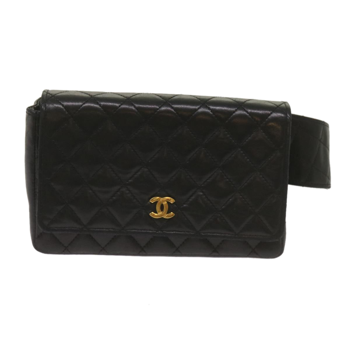 CHANEL Matelasse Waist bag Lamb Skin Black CC Auth 68224