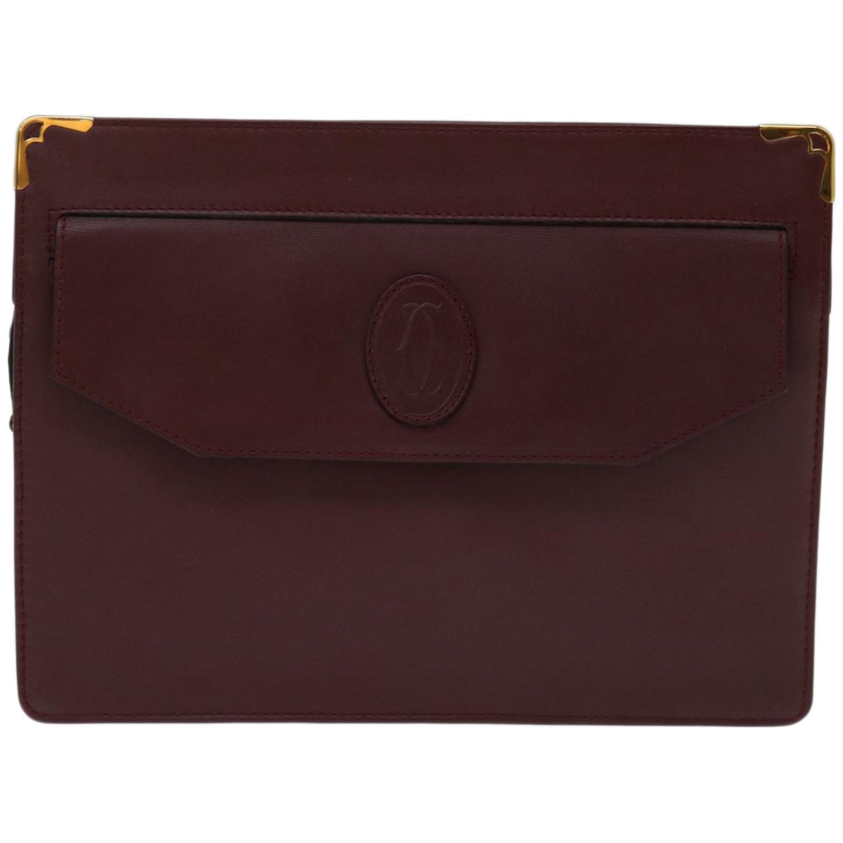 CARTIER Clutch Bag Leather Wine Red Auth 68226