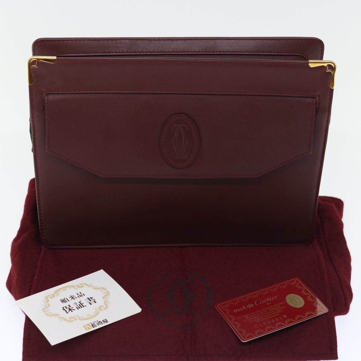 CARTIER Clutch Bag Leather Wine Red Auth 68226